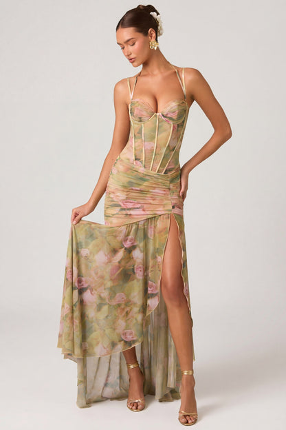 Women's Floral Maxi Dress | Elegant Halter Corset Evening & Wedding Guest Dress