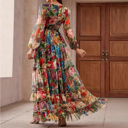 Women's Floral Maxi Dress V Neck Lantern Sleeve Tiered Cottagecore Boho Dress