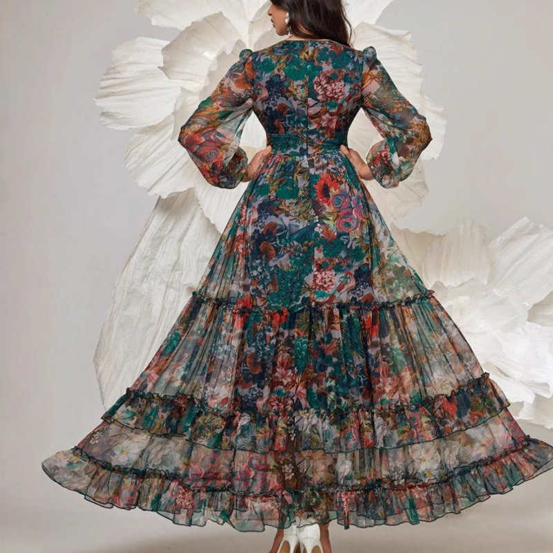 Women's Floral Maxi Dress V Neck Lantern Sleeve Tiered Cottagecore Boho Dress - Seldom Seen Styles