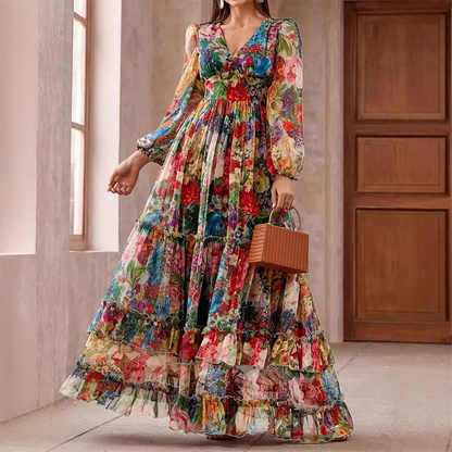 Women's Floral Maxi Dress V Neck Lantern Sleeve Tiered Cottagecore Boho Dress