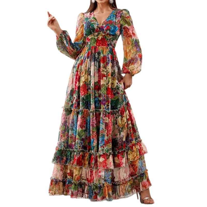 Women's Floral Maxi Dress V Neck Lantern Sleeve Tiered Cottagecore Boho Dress - Seldom Seen Styles