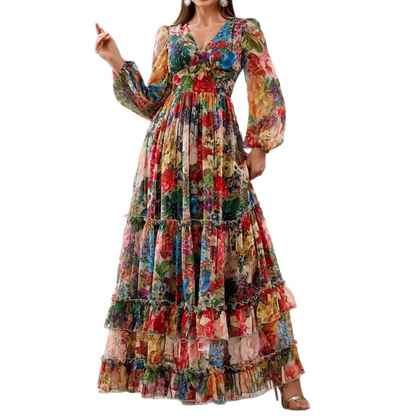 Women's Floral Maxi Dress V Neck Lantern Sleeve Tiered Cottagecore Boho Dress