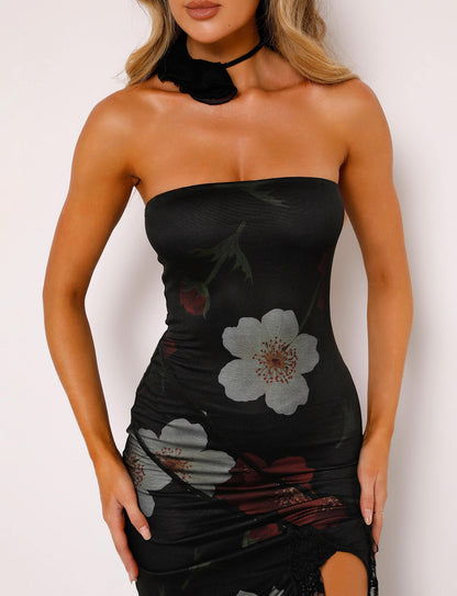 ROBE LONGUE THEO - ROUGE : FLEURS MACRO