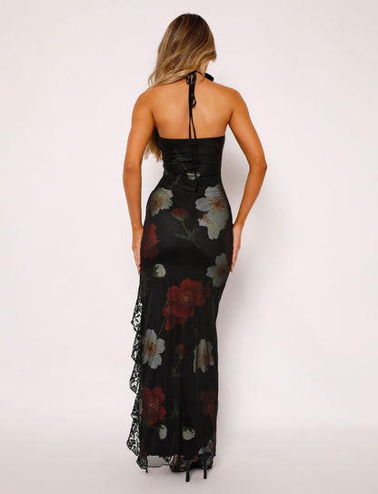 ROBE LONGUE THEO - ROUGE : FLEURS MACRO