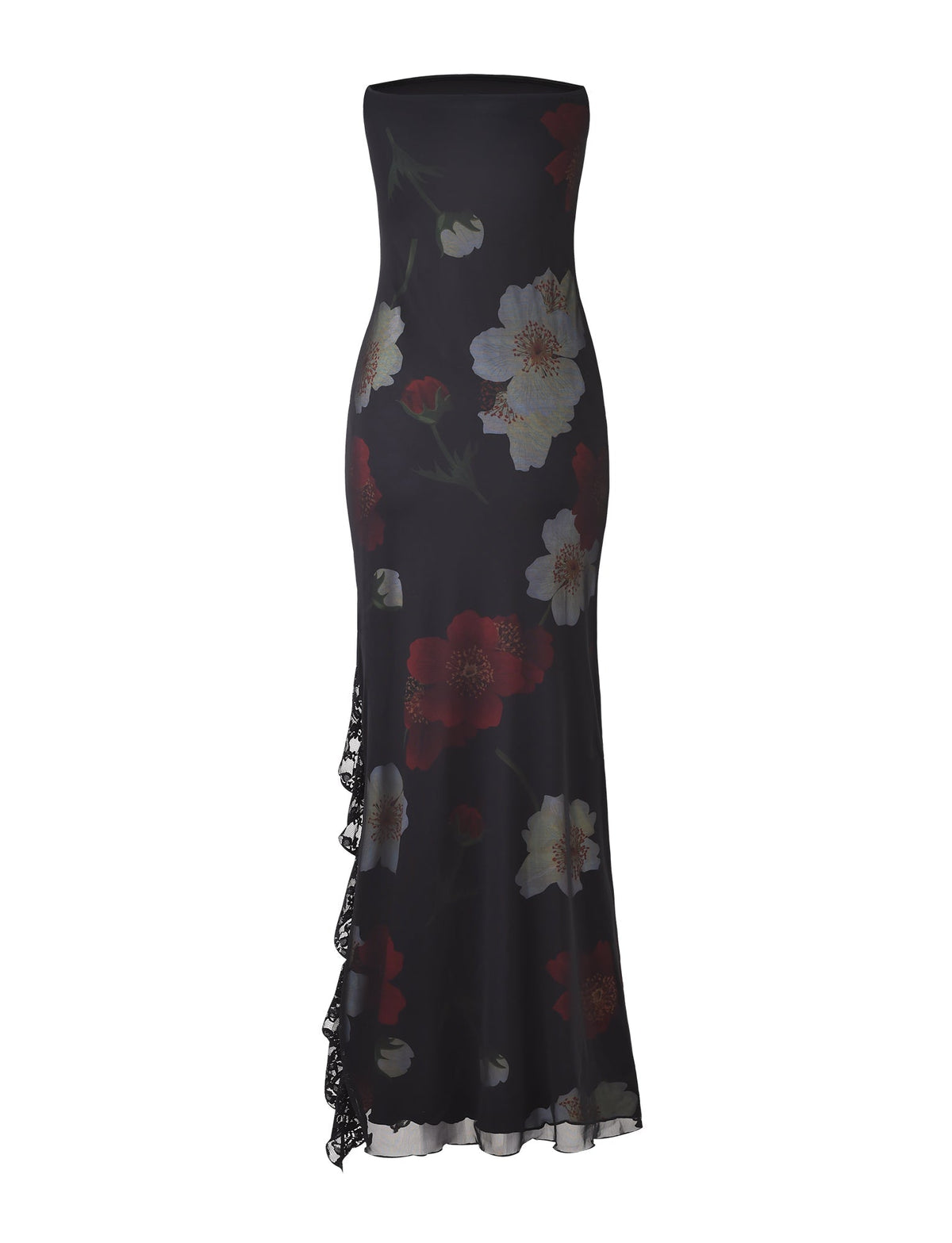 Women's Floral Mesh Maxi Dress Strapless High Slit Elegant Evening Party Dress - Seldom Seen Styles