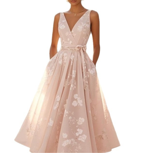 Women's Floral Midi Dress Sleeveless V Neck A Line Dress Elegant Wedding Guest Cocktail Party Dress - Seldom Seen Styles