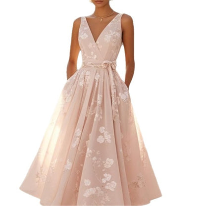 Women's Floral Midi Dress Sleeveless V Neck A Line Dress Elegant Wedding Guest Cocktail Party Dress