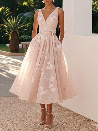 Women's Floral Midi Dress Sleeveless V Neck A Line Dress Elegant Wedding Guest Cocktail Party Dress