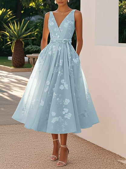 Women's Floral Midi Dress Sleeveless V Neck A Line Dress Elegant Wedding Guest Cocktail Party Dress