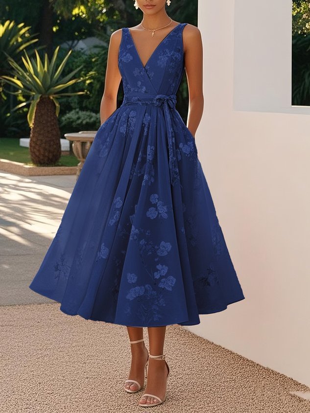 Women's Floral Midi Dress Sleeveless V Neck A Line Dress Elegant Wedding Guest Cocktail Party Dress - Seldom Seen Styles