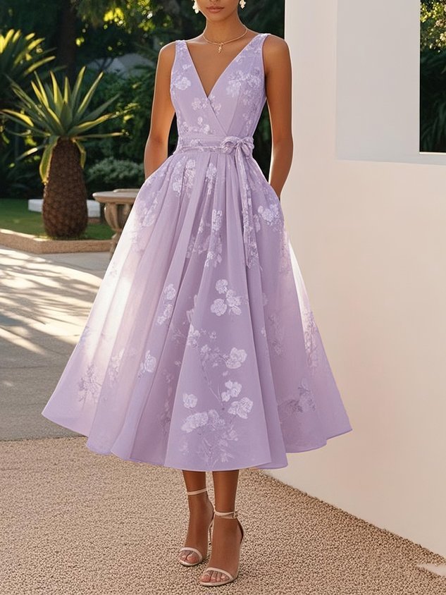 Women's Floral Midi Dress Sleeveless V Neck A Line Dress Elegant Wedding Guest Cocktail Party Dress - Seldom Seen Styles