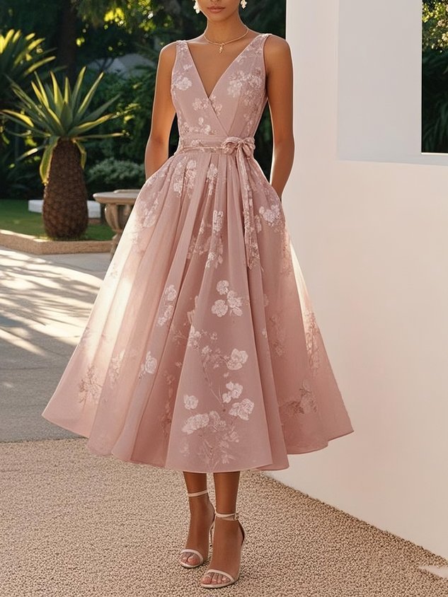Women's Floral Midi Dress Sleeveless V Neck A Line Dress Elegant Wedding Guest Cocktail Party Dress - Seldom Seen Styles