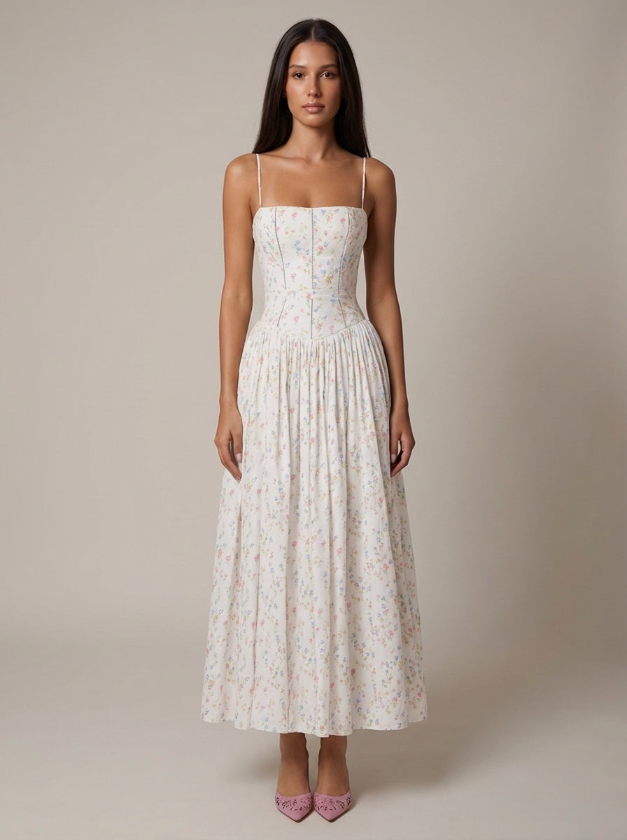 Women's Floral Midi Dress Spaghetti Strap Corset Waist Cottagecore Summer Dress - Seldom Seen Styles