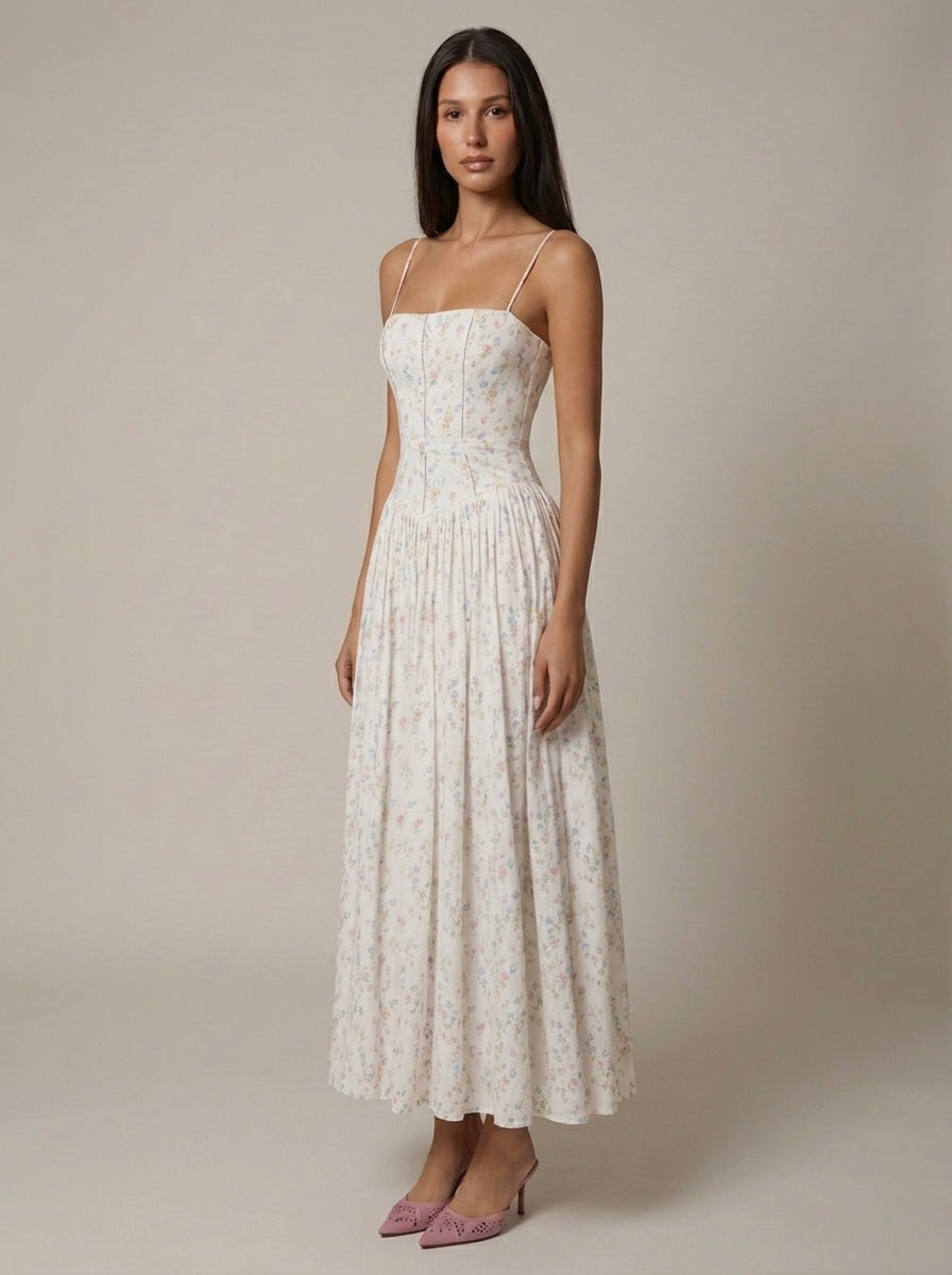 Women's Floral Midi Dress Spaghetti Strap Corset Waist Cottagecore Summer Dress - Seldom Seen Styles