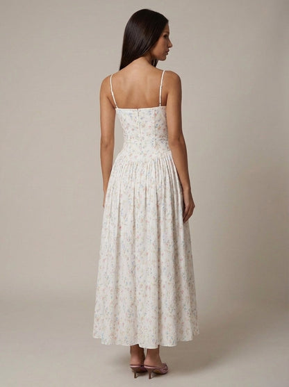 Women's Floral Midi Dress Spaghetti Strap Corset Waist Cottagecore Summer Dress