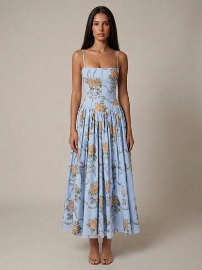 Women's Floral Midi Dress Spaghetti Strap Corset Waist Cottagecore Summer Dress