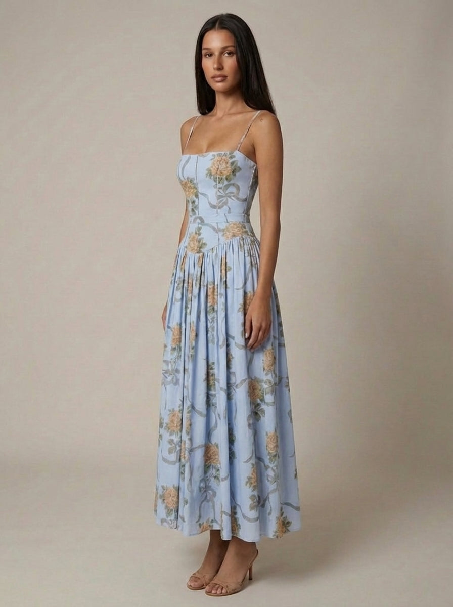 Women's Floral Midi Dress Spaghetti Strap Corset Waist Cottagecore Summer Dress - Seldom Seen Styles