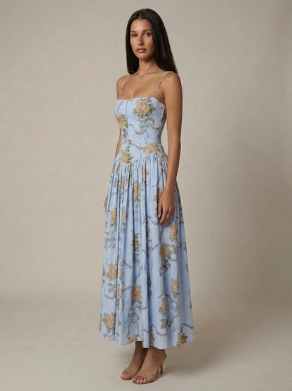 Women's Floral Midi Dress Spaghetti Strap Corset Waist Cottagecore Summer Dress