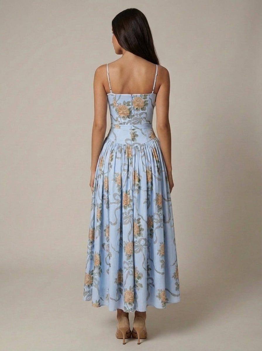 Women's Floral Midi Dress Spaghetti Strap Corset Waist Cottagecore Summer Dress - Seldom Seen Styles