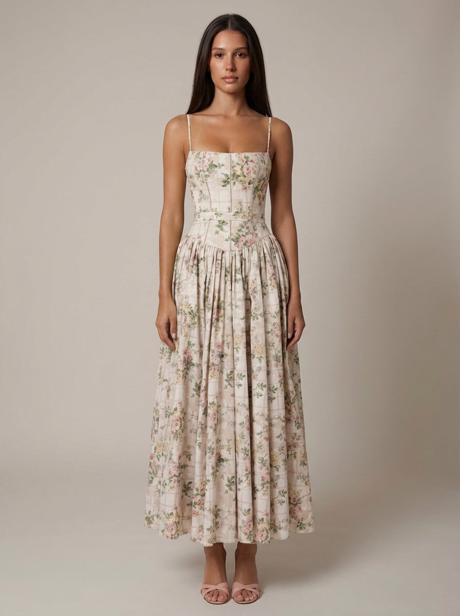 Women's Floral Midi Dress Spaghetti Strap Corset Waist Cottagecore Summer Dress - Seldom Seen Styles