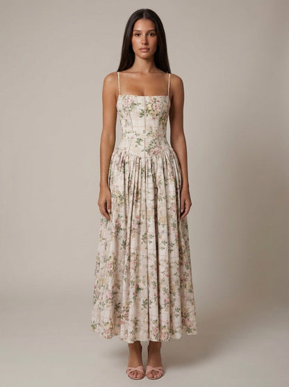 Women's Floral Midi Dress Spaghetti Strap Corset Waist Cottagecore Summer Dress