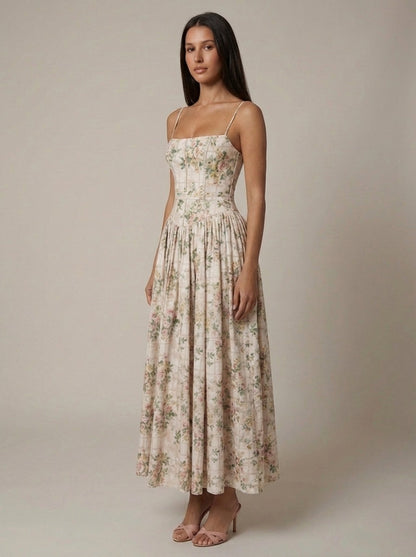 Women's Floral Midi Dress Spaghetti Strap Corset Waist Cottagecore Summer Dress