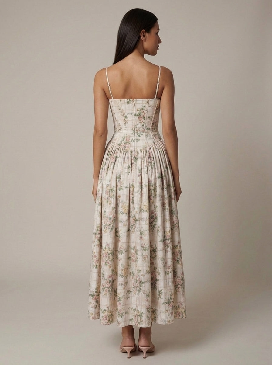 Women's Floral Midi Dress Spaghetti Strap Corset Waist Cottagecore Summer Dress - Seldom Seen Styles