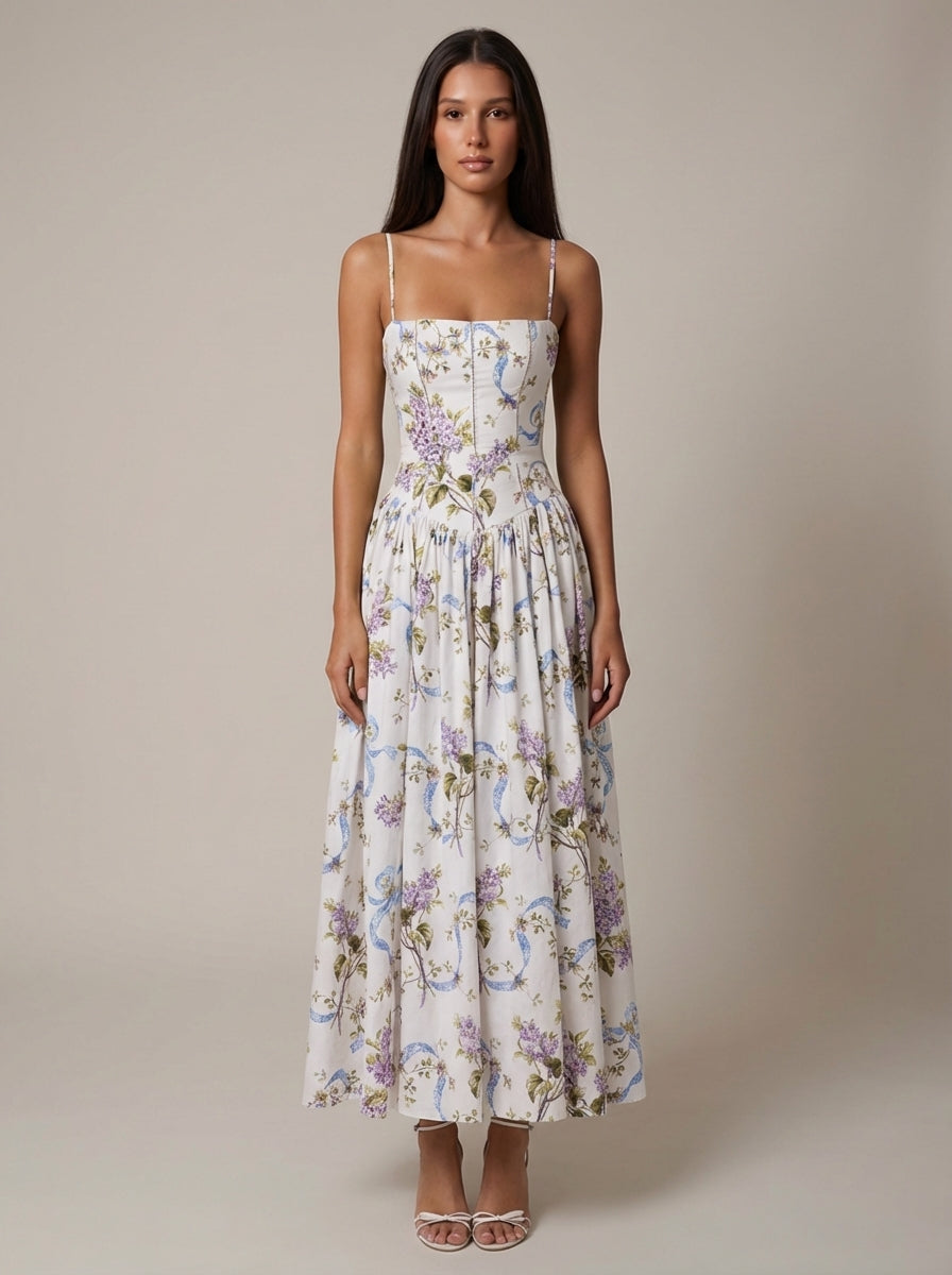 Women's Floral Midi Dress Spaghetti Strap Corset Waist Cottagecore Summer Dress - Seldom Seen Styles