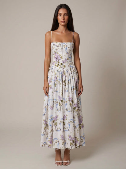 Women's Floral Midi Dress Spaghetti Strap Corset Waist Cottagecore Summer Dress
