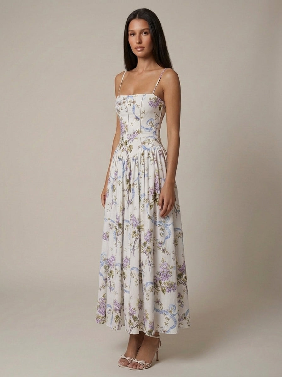 Women's Floral Midi Dress Spaghetti Strap Corset Waist Cottagecore Summer Dress - Seldom Seen Styles
