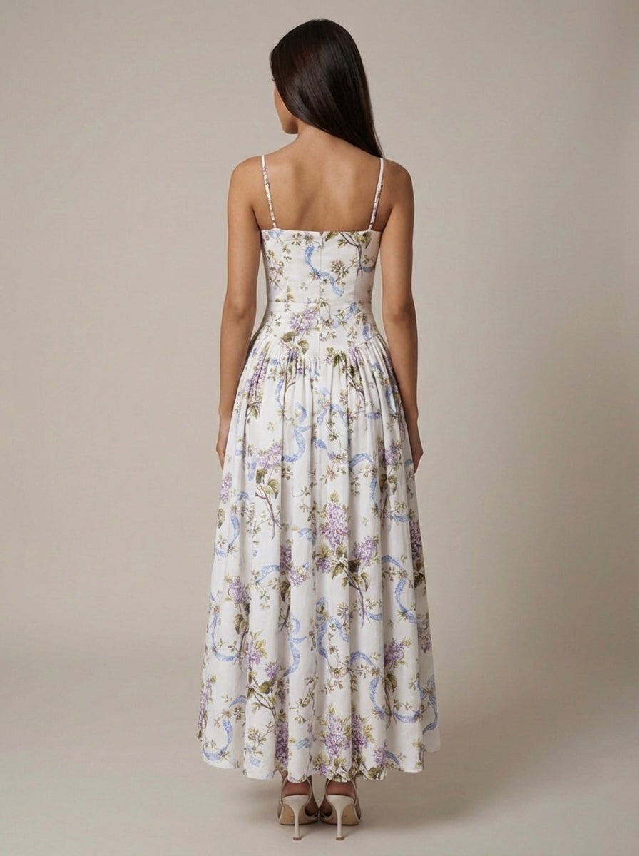 Women's Floral Midi Dress Spaghetti Strap Corset Waist Cottagecore Summer Dress - Seldom Seen Styles