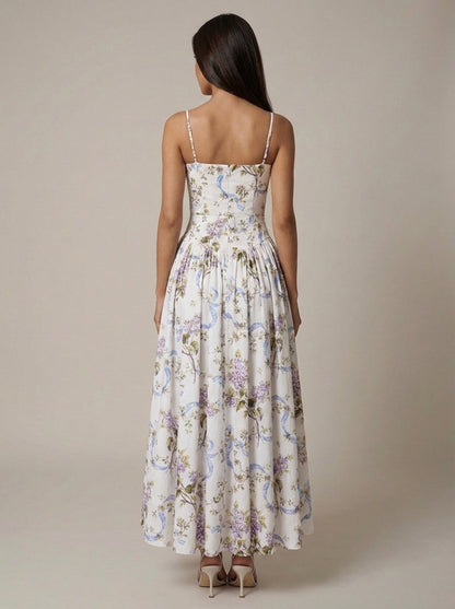 Women's Floral Midi Dress Spaghetti Strap Corset Waist Cottagecore Summer Dress