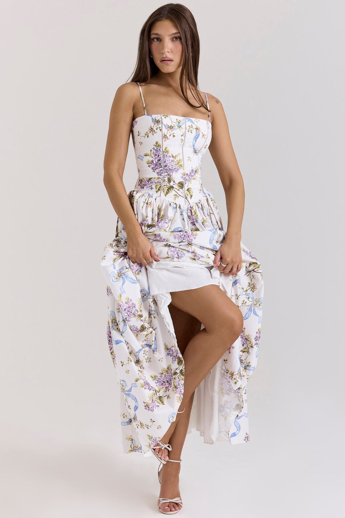 Women's Floral Midi Dress Spaghetti Strap Corset Waist Cottagecore Summer Dress - Seldom Seen Styles