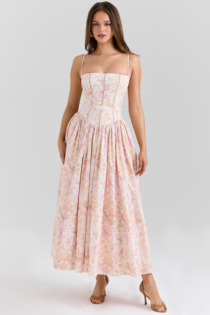 Women's Floral Midi Dress Spaghetti Strap Corset Waist Cottagecore Summer Dress