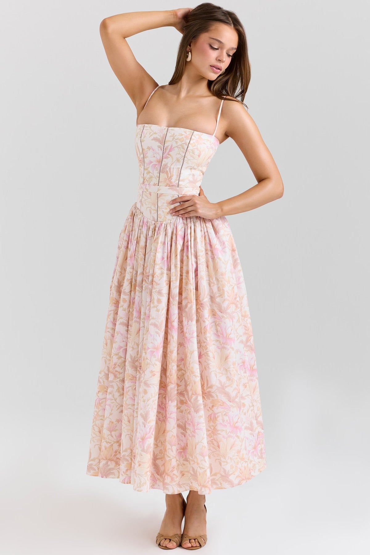 Women's Floral Midi Dress Spaghetti Strap Corset Waist Cottagecore Summer Dress - Seldom Seen Styles