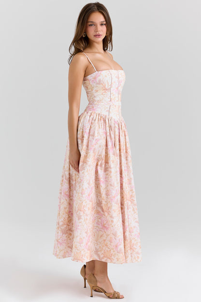 Women's Floral Midi Dress Spaghetti Strap Corset Waist Cottagecore Summer Dress