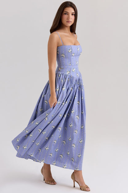 Women's Floral Midi Dress Spaghetti Strap Corset Waist Cottagecore Summer Dress