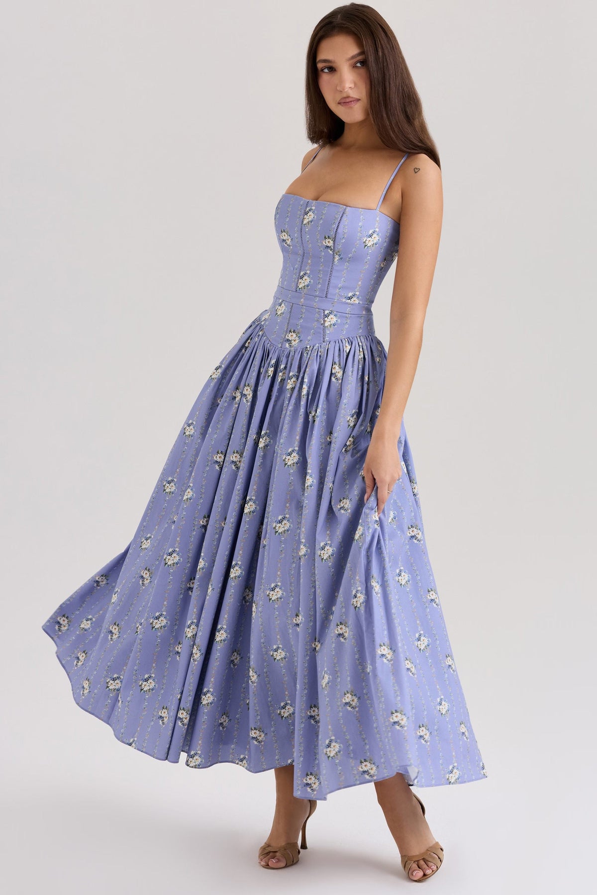 Women's Floral Midi Dress Spaghetti Strap Corset Waist Cottagecore Summer Dress - Seldom Seen Styles