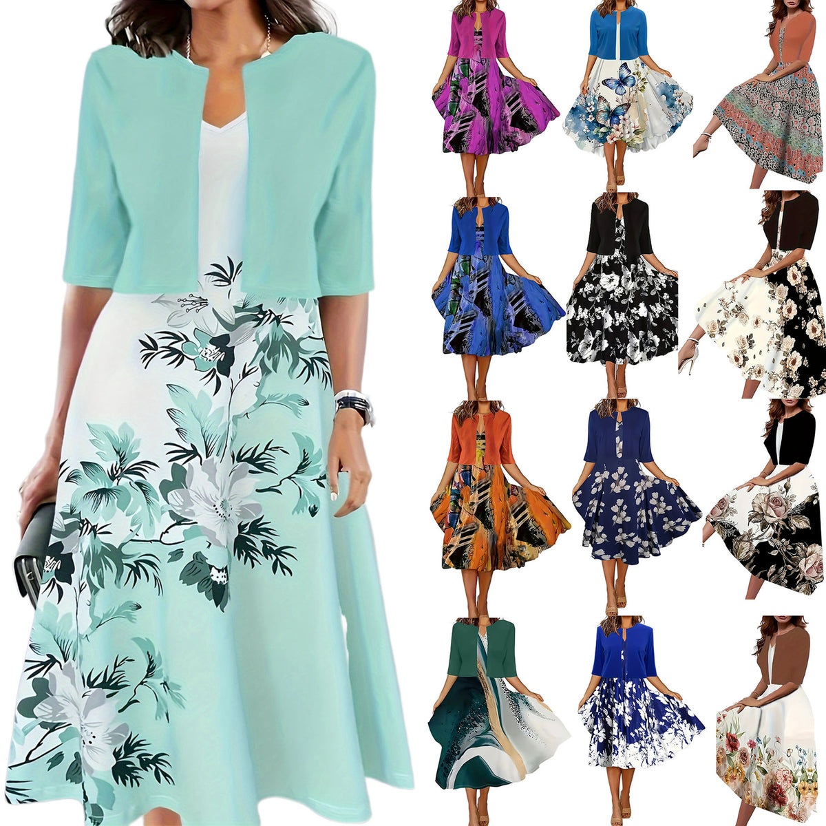 Women's Floral Midi Dress with Jacket Elegant Two Piece Dress Set - Seldom Seen Styles