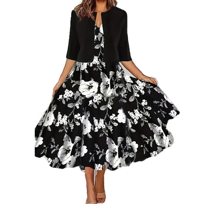 Women's Floral Midi Dress with Jacket Elegant Two Piece Dress Set