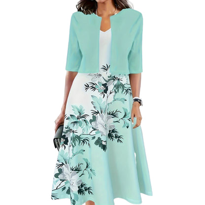 Women's Floral Midi Dress with Jacket Elegant Two Piece Dress Set