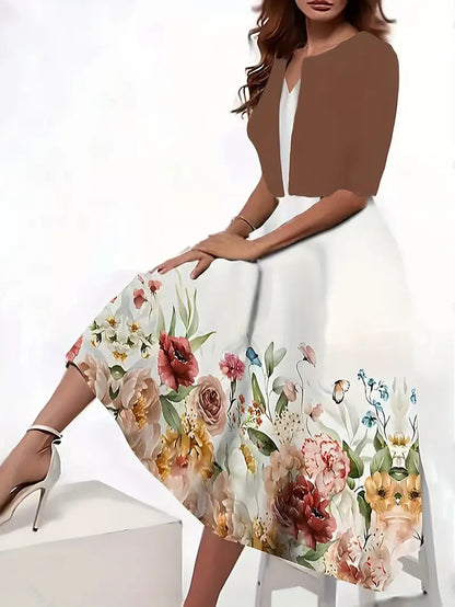 Women's Floral Midi Dress with Jacket Elegant Two Piece Dress Set