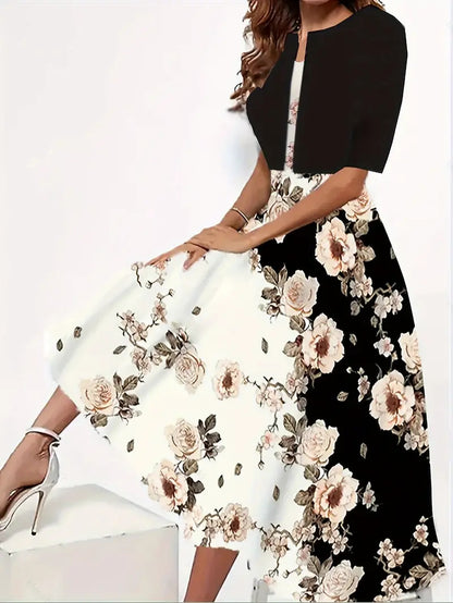Women's Floral Midi Dress with Jacket Elegant Two Piece Dress Set