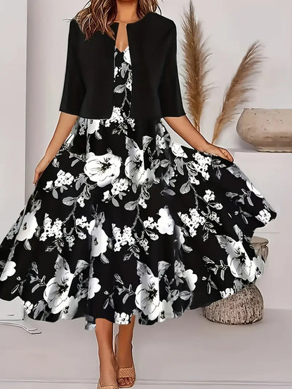 Women's Floral Midi Dress with Jacket Elegant Two Piece Dress Set