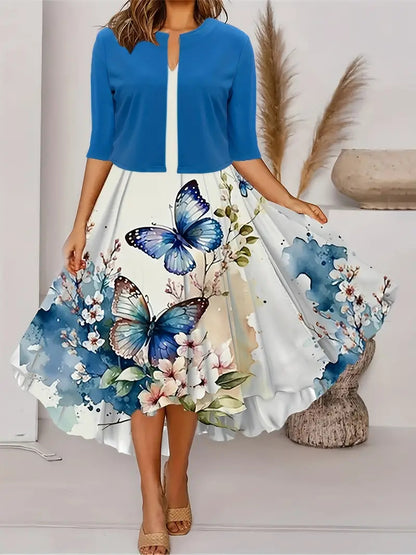 Women's Floral Midi Dress with Jacket Elegant Two Piece Dress Set