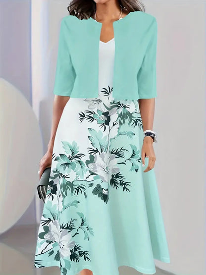 Women's Floral Midi Dress with Jacket Elegant Two Piece Dress Set