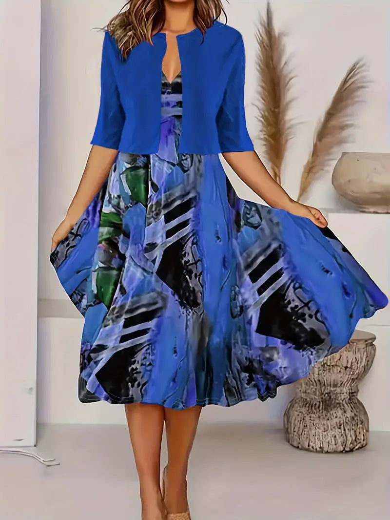 Women's Floral Midi Dress with Jacket Elegant Two Piece Dress Set - Seldom Seen Styles