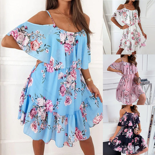 Women's Floral Off Shoulder Dress Chiffon Summer Boho Mini Dress - Seldom Seen Styles
