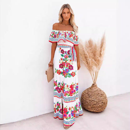 Women's Floral Off Shoulder Maxi Dress Boho Print Summer Vacation Long Dress