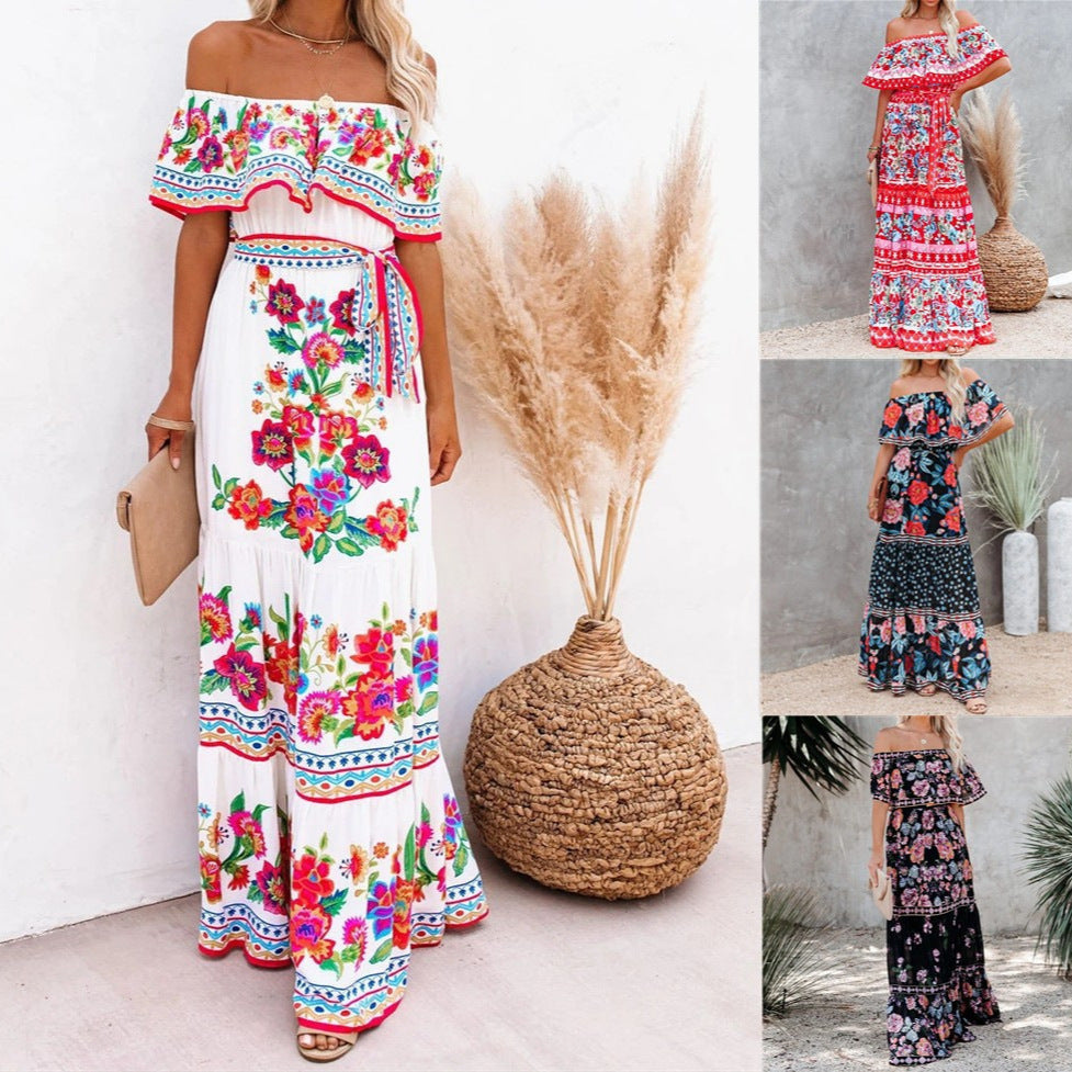 Women's Floral Off Shoulder Maxi Dress Boho Print Summer Vacation Long Dress - Seldom Seen Styles